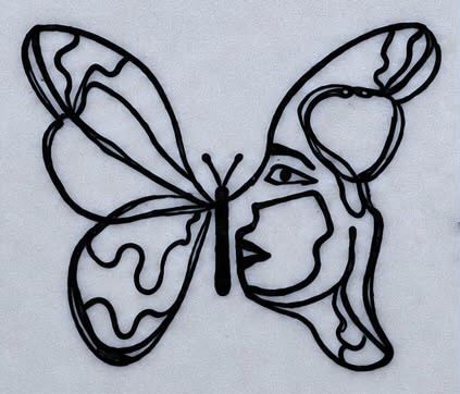 Sobre piel sintetica. Una mariposa dibujada de una sola linea continua y gruesa; el ala derecha se convierte en el perfil de una cara.