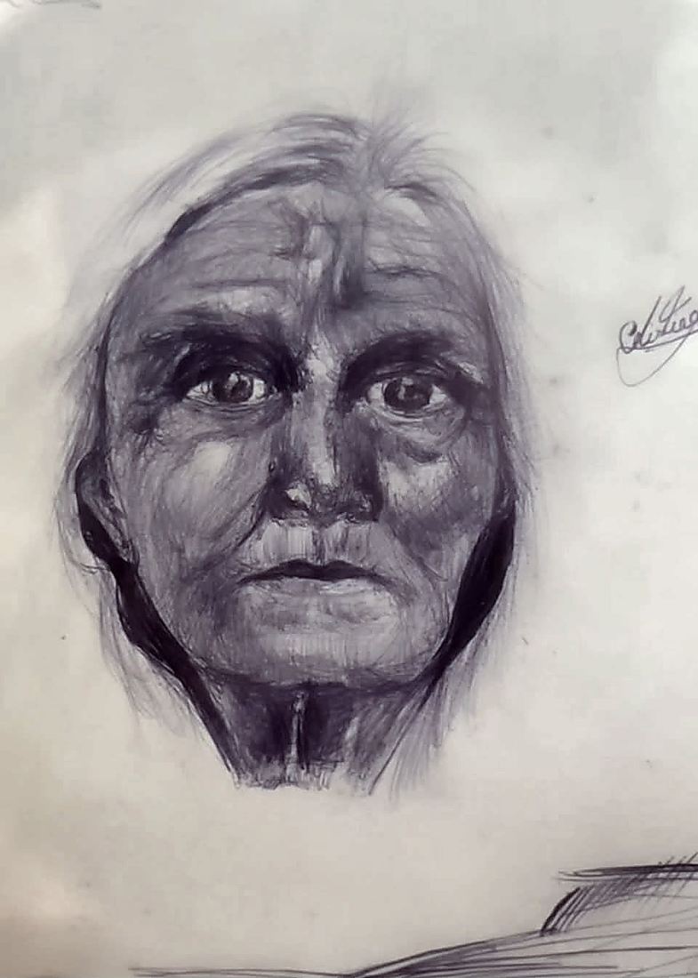 Boligrafo sobre papel. Retrato frontal de una mujer mayor con el pelo recogido; las mejillas y la frente estan construidas a base de capas finas de rayado. Firmado abajo a la derecha.