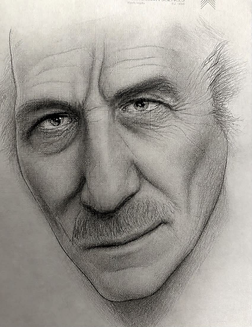Lapiz sobre papel. Retrato de un hombre mayor, de frente y muy de cerca: la frente surcada, las bolsas bajo los ojos, el bigote cano y una media sonrisa. Es el dibujo mas trabajado de la serie.