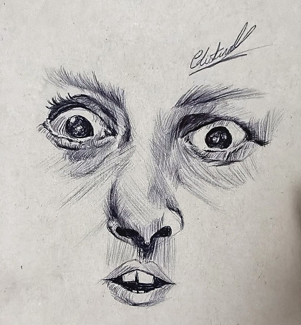 Papel kraft marron. El rostro mas completo de la serie: ojos grandes y abiertos, nariz, y una boca entreabierta con los dientes dibujados uno a uno. Firmado arriba.